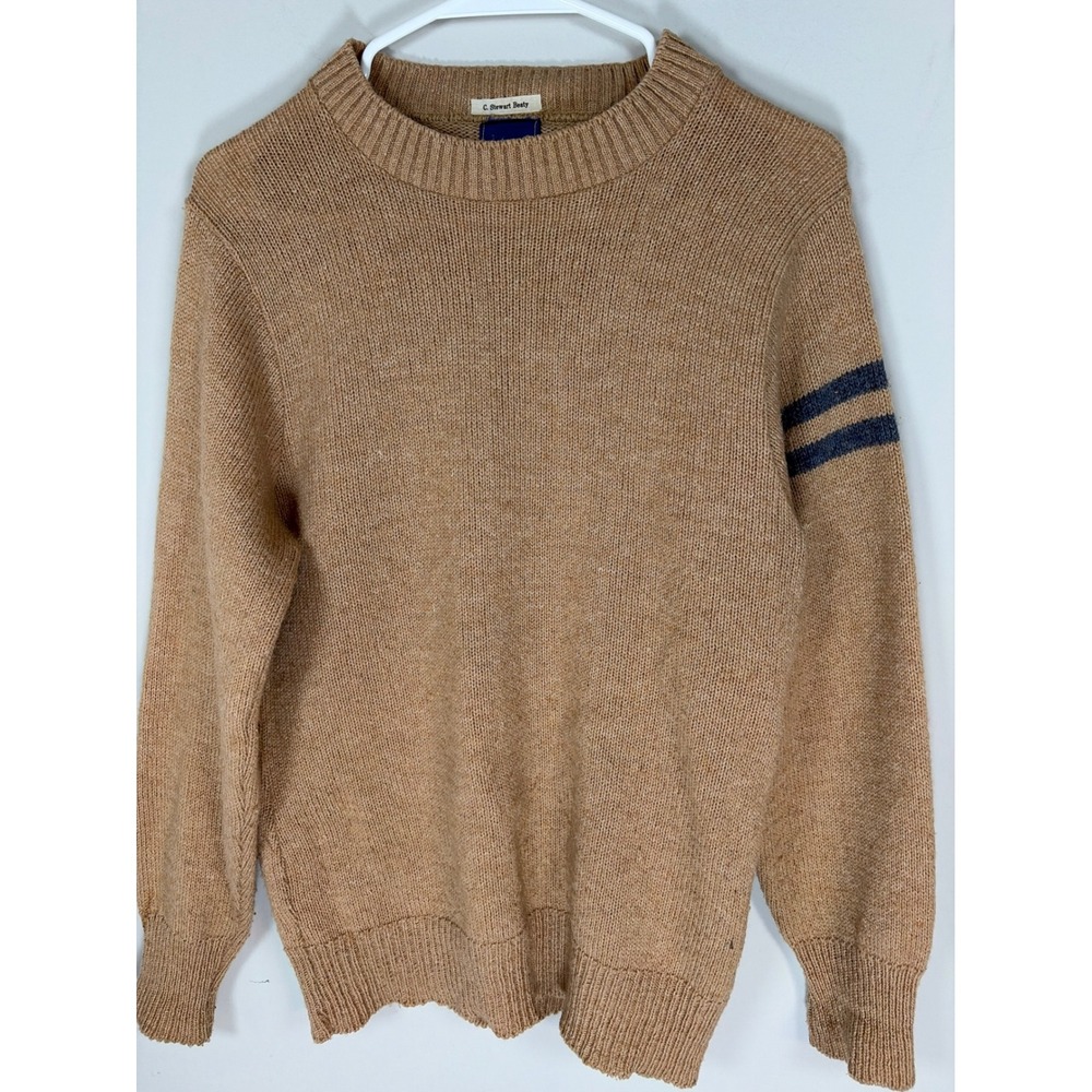 Vintage Brittania Tan Wool Blend Crewneck Sweater Mens Small Stripe Sleeve USA
